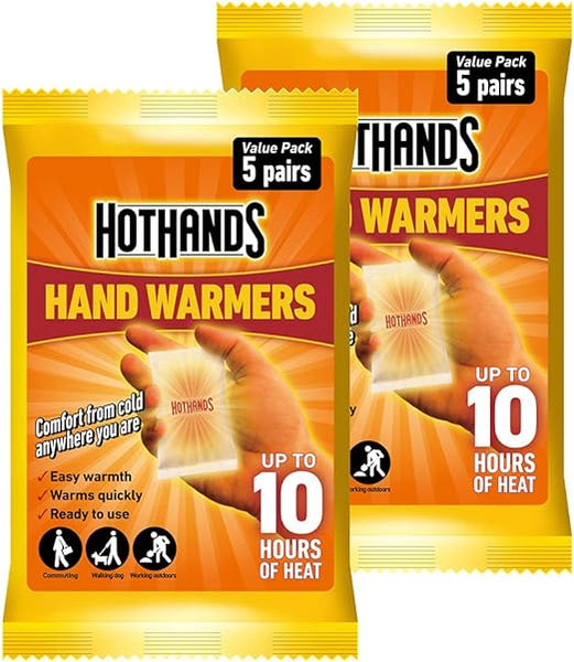 The Hot Hands (Pack of 2) packaging features a Value Pack 5 pairs label and an image of a hand with a warmer. Ideal for outdoor activities in cold weather, it includes icons for walking, fishing, and working outside, providing up to 10 hours of warmth.