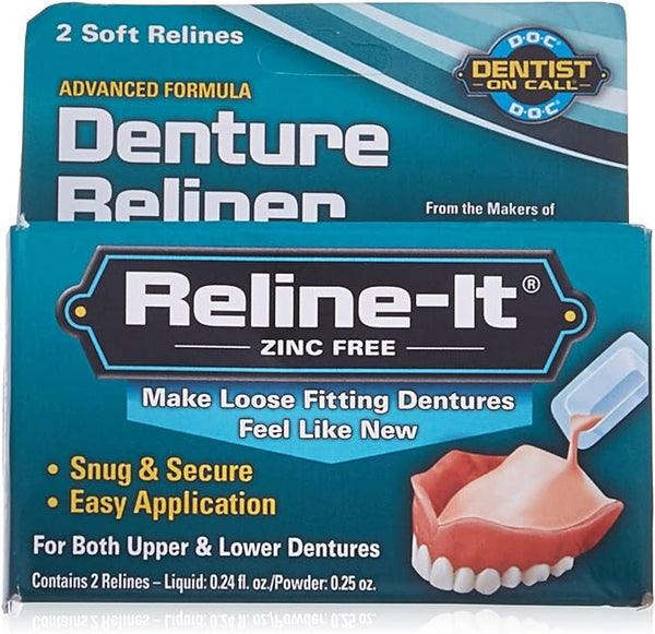 The Dentemp Reline It (2 Relines) packaging features a mechanical denture illustration, highlights a zinc-free formula for loose dentures, ensures a snug fit, easy application, and includes two soft relines suitable for both upper and lower dentures.