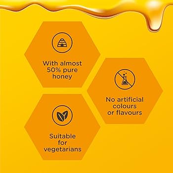 The Zarbees Cooling Throat and Immune Support Lozenges pack has three orange honeycomb icons on a yellow background, featuring: With almost 50% pure honey (bee icon), No artificial colours or flavours (crossed-out flask icon), and Suitable for vegetarians (leaf icon). Perfect for soothing lozenges.