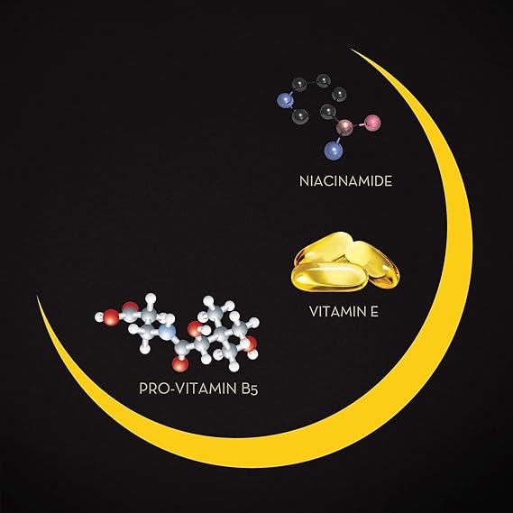 A graphic of 3D molecular models of Olays Niacinamide, Pro-Vitamin B5, and Vitamin E capsules is artfully arranged on a yellow crescent against a black background, symbolizing the essence of Olay Complete Care Night Cream (50ml).