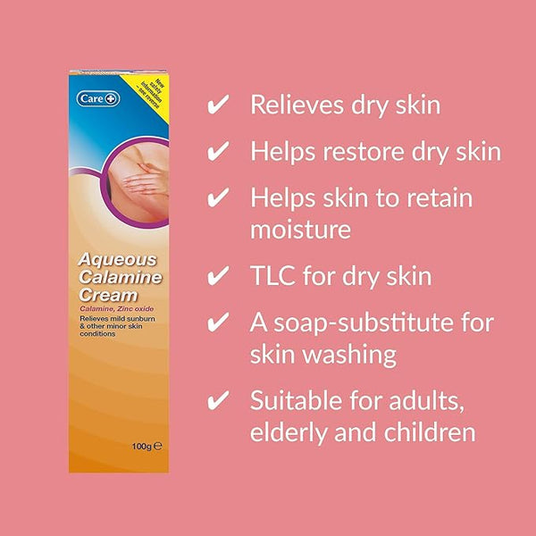 A pink background displays a box of Care Aqueous Calamine Cream (100g) on the left. On the right, white text highlights its benefits: it alleviates sunburn and skin irritation, restores dry skin, retains moisture, serves as a soap substitute, and is suitable for all ages.