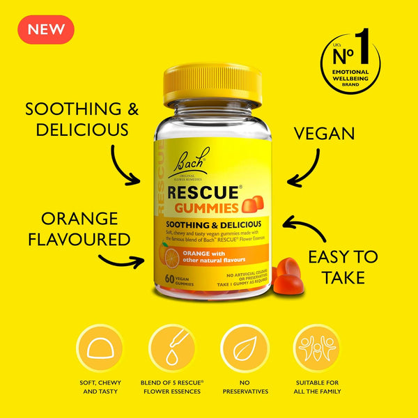 A vibrant yellow ad showcases Bach Rescue Remedy Gummies, highlighting Soothing & Delicious and Orange Flavoured benefits. Part of Bach Flower Remedies, these vegan, soft, chewy gummies offer natural anxiety relief for the family with bright orange gummies tantalizingly displayed.