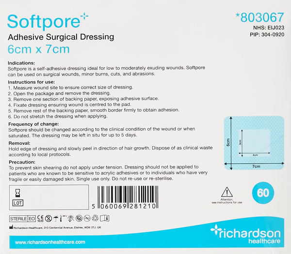 The Softpore Dressing (6x7cm, 60s) by Softpore features dimensions and use instructions on the front. Crafted from hypoallergenic material, its blue and white design includes easy-to-remove backing and a non-sterility warning.