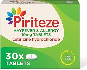 Image of a green and white box of Piri Piriteze Hayfever & Allergy Relief, containing 30 tablets with cetirizine hydrochloride, labeled one a day for effective allergy care.