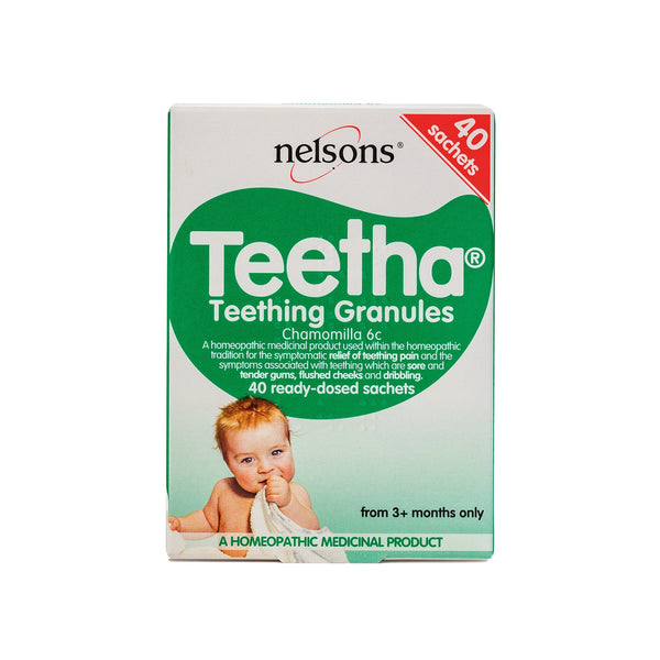 The image shows a box of Nelsons Teetha teething granules (40 sachets) for effective teething relief. The green and white packaging features a baby with a toothbrush, emphasizing this homeopathic remedy for easing teething pain.