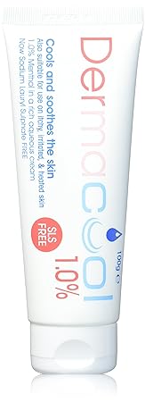 The Dermacool Menthol Aqueous Cream 1% (100g) tube has blue and red text with a small blue droplet icon. This SLS-free cream provides cooling relief for itchy, irritated, and weak skin.