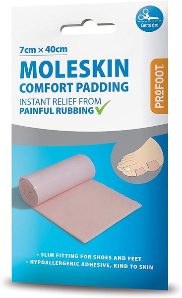 The 7cm x 40cm Moleskin Comfort Padding by ProFoot provides instant relief from painful rubbing, ideal for foot protection. Its hypoallergenic adhesive is safe for sensitive skin.