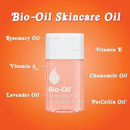 A 200ml bottle of Bio-Oil Skincare Oil, set against an orange background, showcases key ingredients like Rosemary Oil, Vitamin A, B, Chamomile Oil, Lavender Oil, and PurCellin Oil. This skincare essential from Bio-Oil is perfect for addressing various skin conditions.