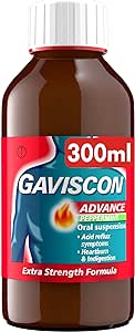 Gaviscon Advance Oral Suspension Peppermint (300ml) has a red cap and features an Extra Strength Formula for indigestion, heartburn relief, and acid reflux treatment.