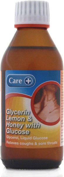 A 200ml brown bottle with a white cap, labeled Care Glycerin Lemon Honey, features an image of a person touching their throat, indicating its effectiveness for coughs and sore throats.