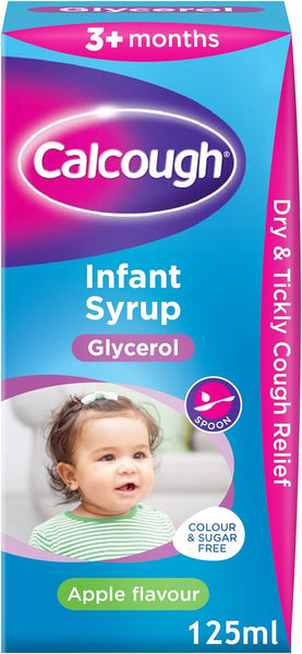 CalCough Infant Apple Flavor syrup, in a 75ml blue and pink box, provides glycerol-based relief for dry, tickly coughs. Suitable for infants aged 3+ months, this sugar-free syrup features apple flavoring and packaging with a smiling baby.