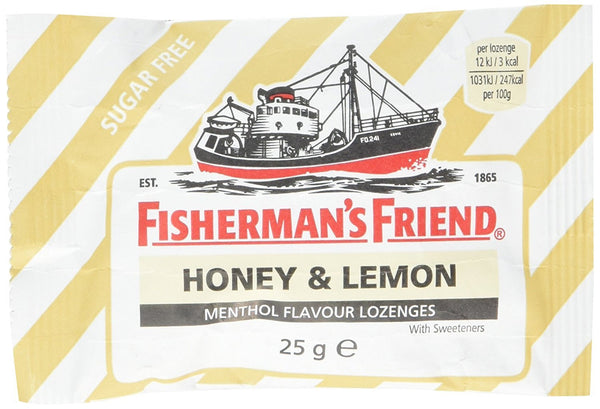 The Fishermans Friend - Honey And Lemon Lozenge (25 Grams) packet shows a fishing boat illustration on yellow and white stripes. It highlights sugar-free benefits for soothing cough relief, along with nutritional info on the front.