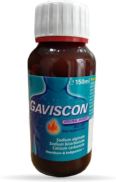 Try Gaviscon Original Aniseed Relief Oral Suspension (150ml) for heartburn relief. This expert blend includes sodium alginate, sodium bicarbonate, and calcium carbonate in an aniseed flavor to swiftly soothe acid indigestion.