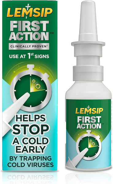 The Lemsip First Action Spray image features a stopwatch-themed box with Clinically proven, use at 1st signs, rapid-relief to help stop a cold early by trapping cold viruses. The white bottle has a nozzle and green label.