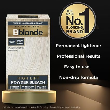 Packaging featuring Jerome Russell Bblonde Powder Bleach 4x25g, the UKs leading blonding brand. This permanent lightener with mineral oil delivers professional results and is easy to use thanks to its non-drip formula, highlighting market data and product benefits.