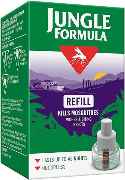 The Jungle Formula Plug-In Refill (35ml) comes in a green and purple box featuring a red triangle with a white mosquito graphic, promising up to 45 nights of protection with its odourless insecticide vapour. The packaging includes instructions and an image of the refill.