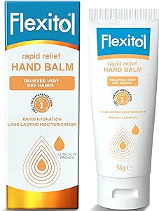 Flexitol Hand Balm (56g) offers quick relief and long-lasting moisture for very dry hands, featuring a clinically proven formula. The packaging is adorned with droplet graphics to convey ultimate hand care from the trusted brand, Flexitol.