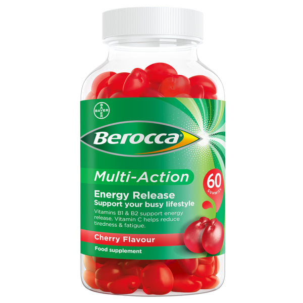 Berocca Multi-action Multivitamin Gummies offer vitamin support and energy in a 60-gummy bottle. Ideal for busy lifestyles, they contain key vitamins B1, B2, and C. These cherry-flavored, fruit-shaped gummies provide a daily vitality boost.