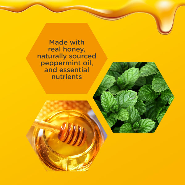 The yellow background with honey drips reads: Made with real honey, naturally sourced peppermint oil, and essential immune-support nutrients. Nearby hexagons show honey, a dipper, and fresh peppermint leaves, emphasizing Zarbees Cooling Throat and Immune Support Lozenges (24s).