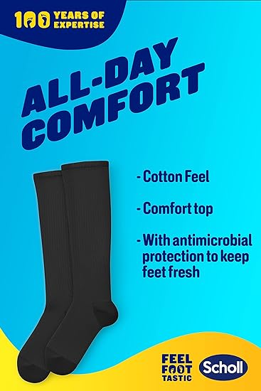 The flyer features Scholl Flight Socks (Black, Size 6-9) promoting All-Day Comfort with benefits like Cotton Feel, Comfort Top, and Antimicrobial Protection. It also highlights deep vein thrombosis prevention. Two black socks are pictured on the left.