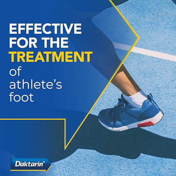 A person runs on a blue track in blue shoes with red accents. Text reads, Effective for athletes foot treatment. Powered by Miconazole Nitrate. Daktarin Aktiv Cream (30g) logo is at the bottom.