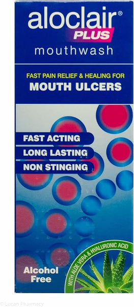 The image shows a blue box of Aloclair Plus Mouthwash Mouth Ulcer Treatment (120ml) by Aloclair, featuring soothing and fast relief for mouth ulcers while promoting oral care. It is fast-acting, long-lasting, non-stinging, alcohol-free, and contains aloe vera and hyaluronic acid.