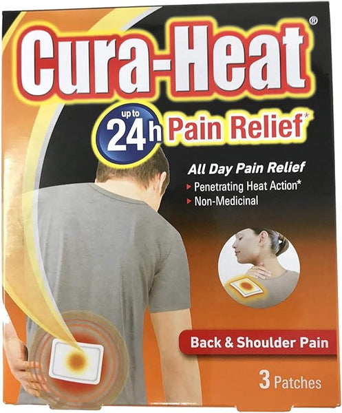 Cura Heats Cura-Heat Pain Relief Heat Patch (3 Patches) offers up to 24 hours of soothing relief for back and shoulder aches through penetrating warmth. The packaging shows heat patch use, featuring non-medicinal ingredients.