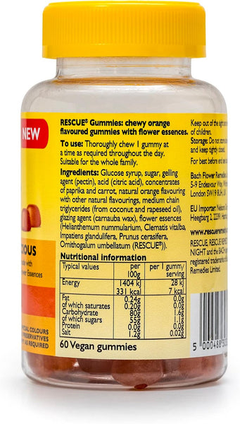 The Bach Rescue Remedy Gummies Orange (Pack of 60) offers natural anxiety relief in vegan-friendly, orange-flavored gummies with a yellow lid. It features Bach Flower Remedies and includes ingredient details, nutritional info, and dosage instructions on the label.