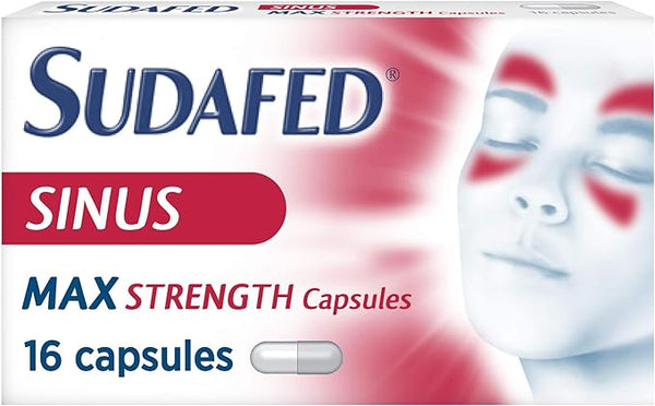 A box of Sudafed Sinus Max Strength (16 Capsules) displays an image with red around the sinus area on a persons face, highlighting its effectiveness in relieving sinusitis symptoms and pressure.