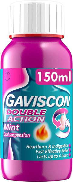 The 150ml Gaviscon Double Action Mint oral suspension, in a pink bottle, offers heartburn and acid reflux relief for up to 4 hours. The label has flame and wave images representing its effectiveness against indigestion.