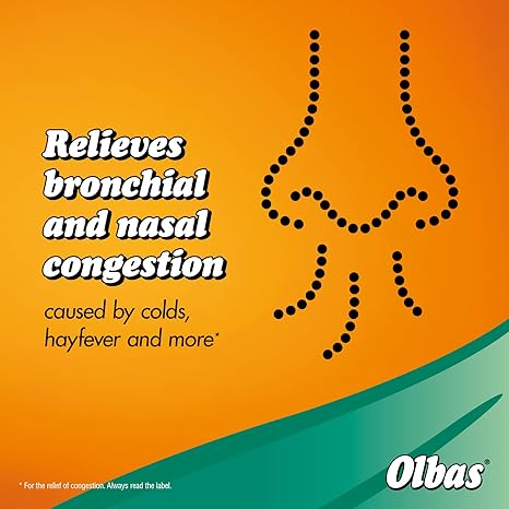 Text on an orange background reads: The Olbas Inhaler Nasal Stick relieves bronchial and nasal congestion from colds, hayfever, and more. A dotted line illustration of a nose with the brand name Olbas in the corner is visible.