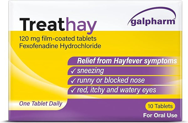 The image shows a box of Galpharms Treathay Fexofenadine 120mg tablets for allergy relief, alleviating sneezing, runny or blocked nose, and itchy, watery eyes. It contains 10 oral tablets.