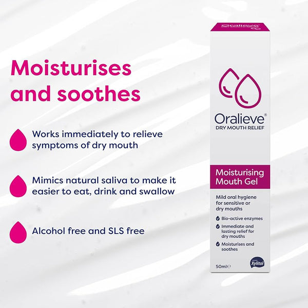 An image of Oralieve Moisturising Mouth Gel (50ml) by Oralieve displays the white and pink box with benefits like soothing dry mouth, moisturising, saliva mimic technology, and being alcohol and SLS free.