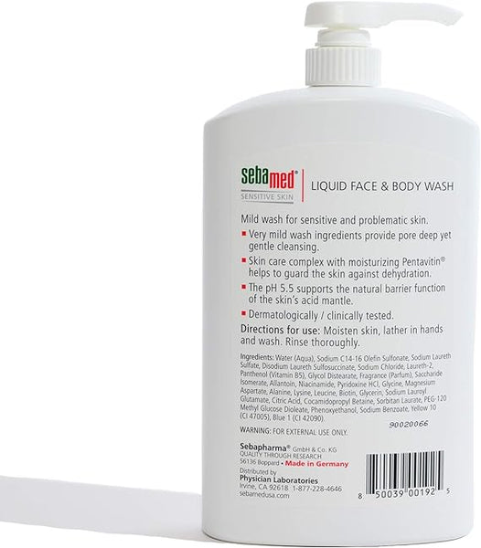 Sebamed Liquid Face and Body Wash (1L) comes in a white pump bottle and is a soap-free cleanser suitable for sensitive skin, featuring natural moisturizers. The label details ingredients, benefits, and usage instructions.