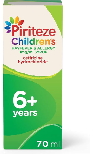 A 70ml box of Piri’s Piriteze Hayfever and Allergy Syrup for children aged 6+, featuring a leaf design. It contains 1mg/ml cetirizine hydrochloride for hayfever and allergy relief and comes in a banana flavor.