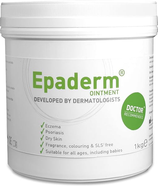 A 1kg Epaderm Ointment tub effectively treats eczema and psoriasis. It’s fragrance, coloring, and SLS-free, recommended by doctors for dry skin, and is suitable for all ages, including babies.