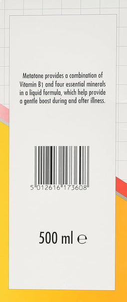 The image shows the back label of a 500 ml Metatone Tonic Original bottle, emphasizing its health benefits with Vitamin B1. It includes a barcode and features a grid pattern with orange and red hues in the background.