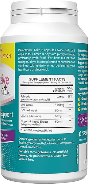 The image shows the back label of a Conceive Plus Ovulation Support Capsules bottle, emphasizing its role in supporting reproductive health. It includes usage directions, an ingredient list, and advice to consult a healthcare professional before use to enhance fertility.