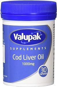 A blue and white Valupak container labeled Cod Liver Oil 1000mg features 30 capsules offering essential micronutrients. The simple blue lid adds ease to your health routine.