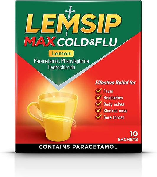 Lemsip Max Cold & Flu Lemon (10 Sachets) by Lemsip offers effective relief for fever, headaches, body aches, blocked nose, and sore throat. Contains paracetamol. The packaging features a yellow mug for a soothing touch.