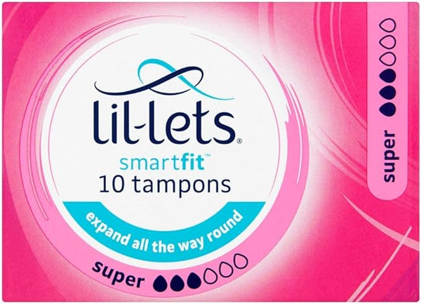 The Lil-Lets Non-applicator Super Smartfit Tampons (10 Pack) comes in pink and white packaging, featuring expand all the way round for comfort and a droplet absorbency scale on the side.