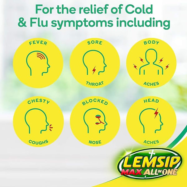 The image shows For the relief of Cold & Flu symptoms including above icons for fever, sore throat, body aches, chesty coughs, blocked nose, and headaches. The Lemsip All-in-One (16 Capsules) logo is prominently featured at the bottom right for colds and flu relief by Lemsip.