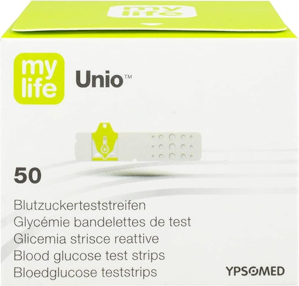 The image displays Mylife Unio Test Strips (Pack of 50), compatible with the Mylife Unio Glucometer for fast results. The packaging is white with a green top, featuring multilingual text, and is distributed by Ypsomed.