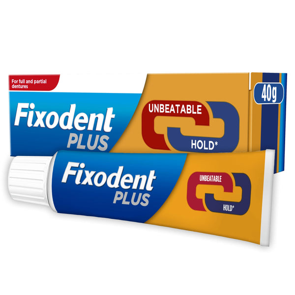 Fixodent Plus 40g Denture Adhesive, featuring a blue and orange design, offers Unbeatable Hold for secure placement, cushioning between gums. Its ideal for both full and partial dentures with all-day comfort.