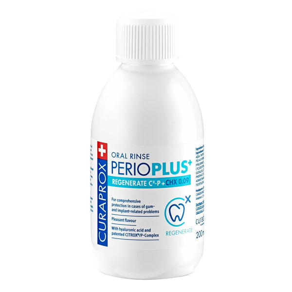 Curaprox Perioplus+ Regenerate Mouthwash (200ml) features a white bottle and blue-red label, providing 0.09% Chlorhexidine for gum protection, plus hyaluronic acid and CITROX®/P complexes for enhanced oral health.