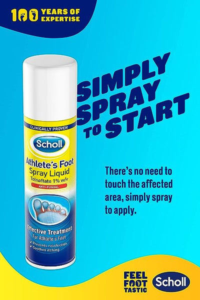 An image of Scholl Athletes Foot Spray (150ml) can. The text reads: 100 years of expertise. Simply spray to start. No need to touch the affected area, just spray for effective tolnaftate treatment. Feel foot-tastic with this powerful fungal infection solution.