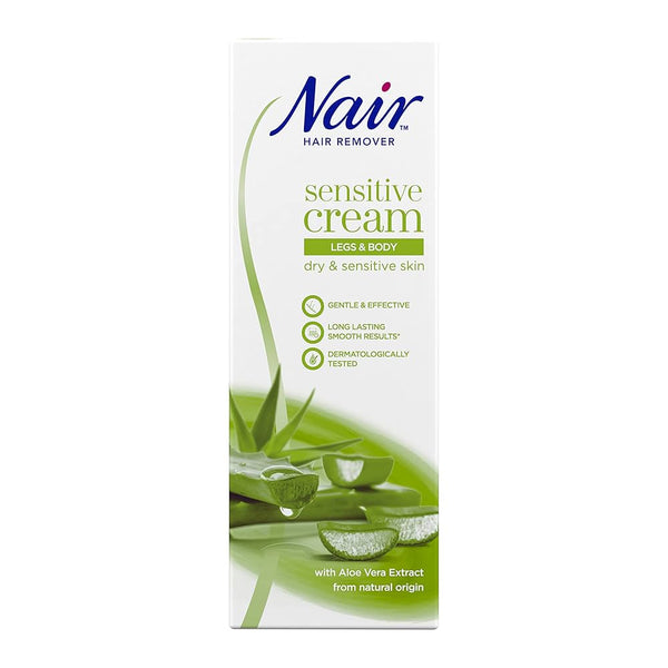 Nair Hair Remover Sensitive Cream for Legs and Body (100ml) features a gentle formula ideal for sensitive skin, dermatologist tested, and comes with a brush-on applicator for easy use. Images of aloe vera are featured on the packaging.