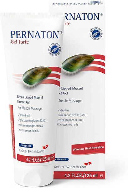 Pernaton Gel Forte (125ml) by Pernaton comes in a primarily white packaging with red accents. Enriched with cayenne pepper extract, green-lipped mussel extract, chondroitin, and essential oils, it enhances muscle massages with a soothing warming heat sensation.