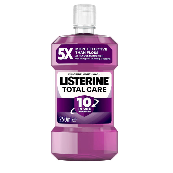 Listerine Total Care Mouthwash (250ml) features a purple liquid and label highlighting "5x more effective than floss," "fluoride mouthwash," and "10 in one benefits.