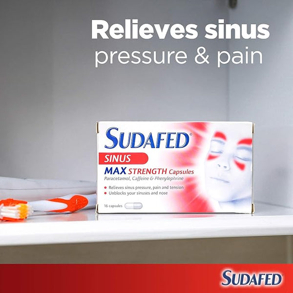 A box of Sudafed Sinus Max Strength (16 Capsules) sits on a shelf, offering sinus relief by alleviating sinusitis symptoms like pressure and pain. A blurred toothbrush in the foreground adds a hint of daily routine.